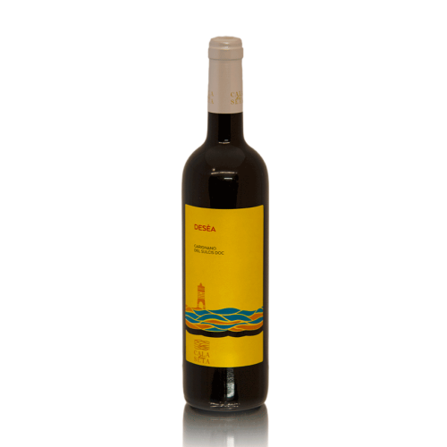 A bottle of Desea - Carignano del Sulcis wine with an intense ruby red color, featuring a label that reflects the freshness and elegance of the wine.