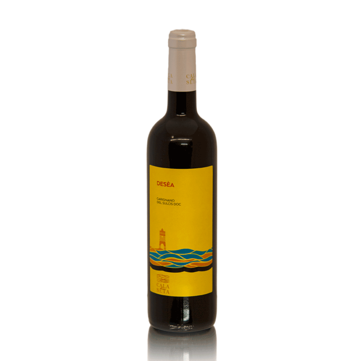 A bottle of Desea - Carignano del Sulcis wine with an intense ruby red color, featuring a label that reflects the freshness and elegance of the wine.